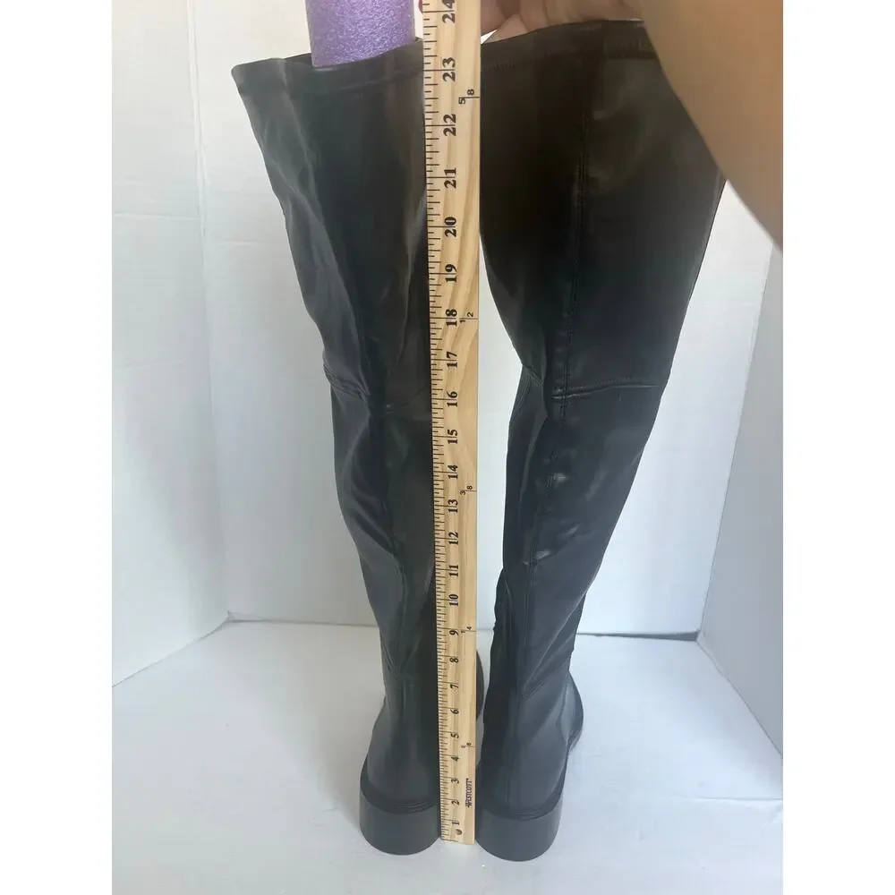 NWT Zara Tall Over The Knee Black Vegan Leather Square‎ Toe Pull On Boots Sz 9